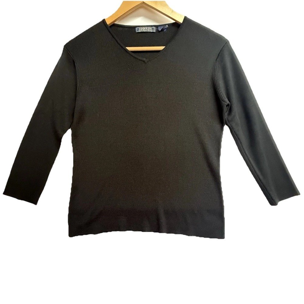 Vintage Harold's 100% Silk Knit Sweater Womens Black V Neck 3/4 Sleeve Small